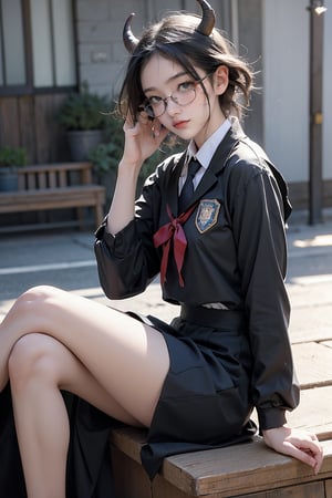 female, ((masterpiece, best quality, ultra detailed, absurdres), girl), (beauty girl), (ultra-high picture quality),short hair,hornsgirl, long skirt, full_body, from below,mitakihara school uniform, city background, closed up, looking_at_viewer, Masterpiece, glasses, sitting_down, devil_horns