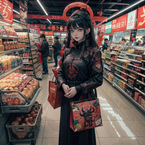 1girl,AgoonGirl,High detailed,, (xx)1girl,masterpiece, best quality, 8K,highres,absurdres:1.2, ,konbini,masterpiece, best quality, ultra-detailed, illustration,konbini, indoors,1girl in convenience store, demonictech,scifi,supermarket, shopping