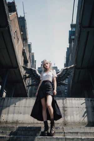 female, ((masterpiece, best quality, ultra detailed, absurdres), girl), (beauty girl), (ultra-high picture quality),white hair,hornsgirl, long skirt, standing, full_body, from below, witch, angel_wings, cybernetic, city background, closed up
