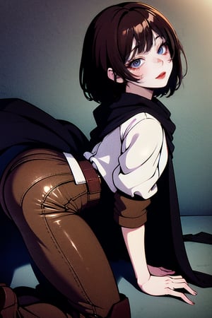 female, ((masterpiece, best quality, ultra detailed, absurdres),
heterochromia ,neia, bags_under_eyes, white shirt, black cloak, brown pants, thigh boots, belt, small pupils,retro,SharpEyess, sitting, on knees,Sexy Pose,standingDoggystyle, from side