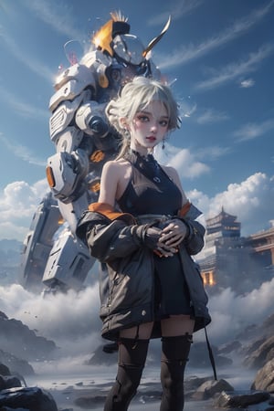 female, ((masterpiece, best quality, ultra detailed, absurdres):1.5),official art, unity 8k wallpaper, ultra detailed, beautiful and aesthetic, masterpiece, best quality, realistic, noir, bare shoulders, jacket, low ponytail, ponytail, pantyhose, sleeveless, off shoulder, open jacket, black jacket, black pantyhose, (white dress), necklace,noir,urban techwear,mecha dragon,fujimotostyle