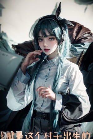 female, ((masterpiece, best quality, ultra detailed, absurdres):1.5),mikusound,,miku, hatsune_miku, skirt, holding,shirt, gloves, holding, hair between eyes, twintails, very long hair, closed mouth, standing, short sleeves, pantyhose, pleated skirt, necktie, collared shirt, belt, miniskirt, aqua eyes, blue skirt, black pantyhose, black shirt, aqua hair,head phone, photorealistic, viewed_from_above