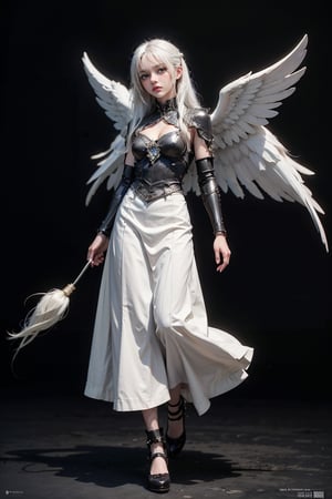 female, ((masterpiece, best quality, ultra detailed, absurdres), girl), (beauty girl), (ultra-high picture quality),white hair,hornsgirl, long skirt, standing, wide shot, full_body, from below, witch, angel_wings, cybernetic, city background