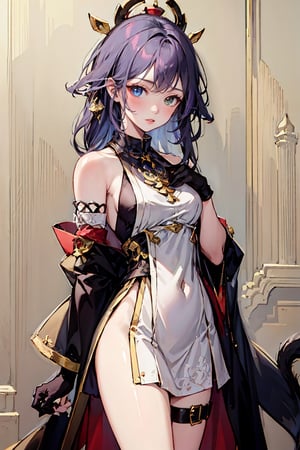 (masterpiece, top quality, best quality, official art, beautiful and aesthetic:1.2), (1girl:1.3), heterochromia, SharpEyess, mismatched gloves, thigh strap, fantasy background, black_cat, ,yaemikodef
