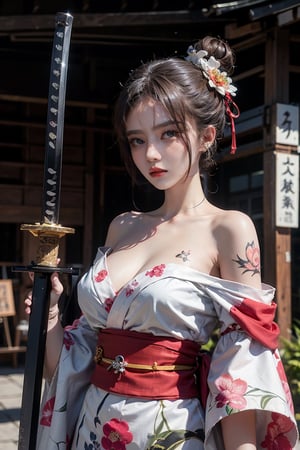 female, ((masterpiece, best quality, ultra detailed, absurdres),breasts,looking at viewer,blush,hair ornament,bare shoulders,upper body,japanese clothes,sword,kimono,off shoulder,hair bun,sash,tattoo,mask,holding sword,floral print,katana,sheathed,hairpin,arm tattoo,shoulder tattoo
,urban techwear