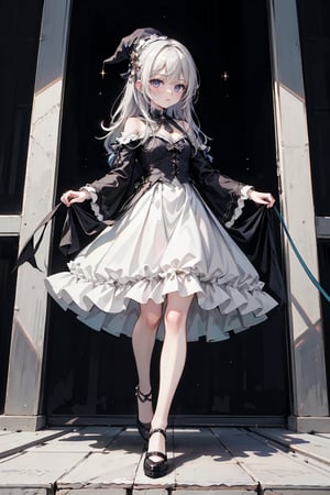 female, ((masterpiece, best quality, ultra detailed, absurdres), girl), (beauty girl), (ultra-high picture quality),white hair,hornsgirl, long skirt, standing, wide shot, full_body, from below, witch
