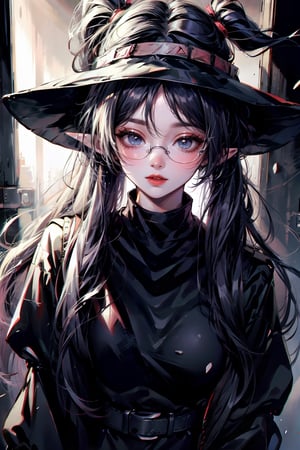 (masterpiece, best quality, ultra detailed, absurdres)1.5, 1girl,(sexy, beautiful woman, perfect face, perfect eyes, perfect female body, medium breasts),long sleeves, dress, jacket, scarf, neckerchief, black shirt, white hood, glasses, wristwatch, twintails,  white hair, deer horn, shool uniform, red skirt,SharpEyess, cyberpunk,demonictech, ,demonictech, witch hat,frieren, elf