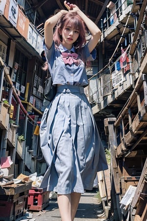 (8k, RAW photo, best quality, masterpiece:1.3),(realistic,photo-realistic:1.37),(night),(looking at viewer:1.3),(blue|pink hair:1.3),posing,Tokyo street,market,school_uniform,soft light,1girl,extremely beautiful face,bust,put down hands,Random hairstyle,Random expression,big eyes, ,lower abdomen,(short-sleeved 
JK_shirt),JK_style,(dark blue JK_skirt) ,(bow JK_tie),,mix4art by artgerm and greg rutkowski and alphonse mucha,short-sleeved JK_shirt , ,