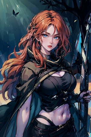 masterpiece:1.2), best quality, PIXIV, arcana, arcana, Windranger anime style, solo, bow (weapon), weapon, 1girl, red hair, hair ornament, flower, hair flower, long hair, bug, butterfly, blue eyes, arrow (projectile), no humans, bow , spirit, croptop, cloak