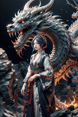 masterpiece, top quality, best quality, official art, beautiful and aesthetic:1.2), (1girl:1.3), , girl, blue hair, hanfu fashion, chinese dragon, eastern dragon, dark theme, volumetric lighting, ultra-high quality, photorealistic, rock moutain background,SharpEyess,AgoonGirl,concept_dragon photo,demonictech