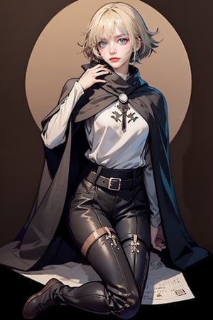 female, ((masterpiece, best quality, ultra detailed, absurdres),
heterochromia ,neia, bags_under_eyes, white shirt, black cloak, brown pants, thigh boots, belt, small pupils,retro,SharpEyess, sitting, on knees
