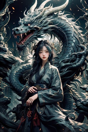 masterpiece, top quality, best quality, official art, beautiful and aesthetic:1.2), (1girl:1.3), , girl, blue hair, hanfu fashion, chinese dragon, eastern dragon, dark theme, volumetric lighting, ultra-high quality, photorealistic, rock moutain background,SharpEyess,AgoonGirl,concept_dragon photo,demonictech