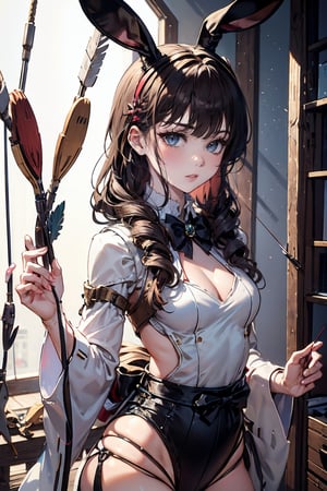 female, ((masterpiece, best quality, ultra detailed, absurdres),solo, 1girl,solo,small breasts,looking at viewer, heterochromia  ,looking at viewer, long hair, bangs, brown hair,bow,arrow,archer, bunny ears, arrow japanese, dynamic pose