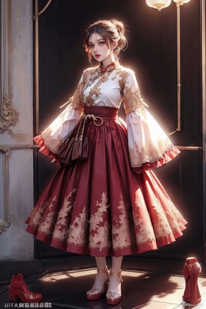 female, ((masterpiece, best quality, ultra detailed, absurdres):1.5), 1girl,solo,long sleeves,dress,standing,full body,frills,wide sleeves,sleeves past wrists,red skirt,chinese clothes,red footwear,sleeves past fingers,hanfu,fantasy,background, side view