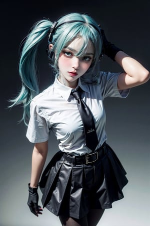 female, ((masterpiece, best quality, ultra detailed, absurdres):1.5),mikusound,,miku, hatsune_miku, skirt, holding,shirt, gloves, holding, hair between eyes, twintails, very long hair, closed mouth, standing, short sleeves, pantyhose, pleated skirt, necktie, collared shirt, belt, miniskirt, aqua eyes, blue skirt, black pantyhose, black shirt, aqua hair,head phone, photorealistic, viewed_from_above,fujimotostyle,Monochromatic