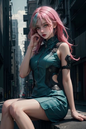 female, ((masterpiece, best quality, ultra detailed, absurdres):1.5),official art, unity 8k wallpaper, ultra detailed, beautiful and aesthetic, masterpiece, best quality, realistic, kaldef, green short dress, ultra quality, sharp focus, 8K UHD, highly detailed glossy eyes, ultra quality, green eyes, 1girl, masterpiece, best quality, hair blowing, looking at viewer,  sitting,gradient hair, hand on own hair,urban techwear, city background