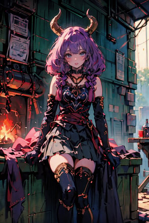 female, ((masterpiece, best quality, ultra detailed, absurdres):1.5),aura the guillotine, long hair, (purple eyes:1.1), purple hair, braid, horns, twin braids,skirt, thighhighs, gloves, choker, black gloves, elbow gloves
