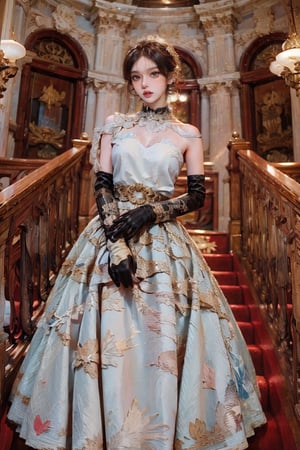 female, ((masterpiece, best quality, ultra detailed, absurdres):1.5), 1girl,solo,looking at viewer,brown hair,black hair,gloves,dress,bare shoulders,standing,full body,black gloves,elbow gloves,indoors,hair bun,white dress,black dress,strapless,strapless dress,stairs,long dress,red lips,