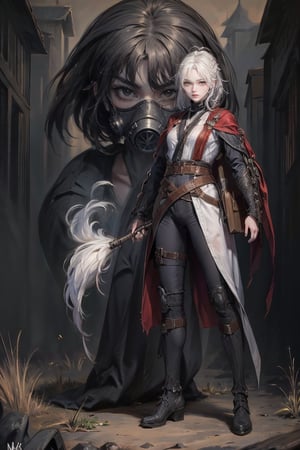 female, ((masterpiece, best quality, ultra detailed, absurdres), girl), (beauty girl), (ultra-high picture quality) ,(ultra realistic,32k, masterpiece:1.2),(high detailed skin:1.1),( high quality:1.1), A cute girl with white hair,  bow , from below,chung, full body, attack, short hair, ninja, gas mask