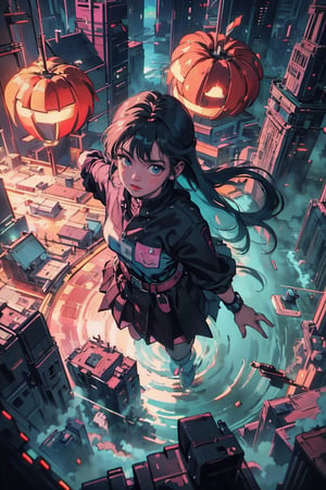 1girl, AgoonGirl, High detailed, , (xx)1girl, masterpiece, best quality, 8K, highres, absurdres:1.2, masterpiece, best quality, ultra-detailed, illustration,1 girl,wide shot,retro anime, 1990s anime,retro, city night, neon sign