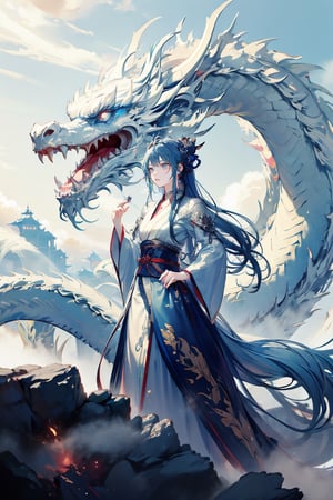 masterpiece, top quality, best quality, official art, beautiful and aesthetic:1.2), (1girl:1.3), , girl, blue hair, hanfu fashion, chinese dragon, eastern dragon, white theme, volumetric lighting, ultra-high quality, photorealistic, rock moutain background,SharpEyess,vamptech,AgoonGirl