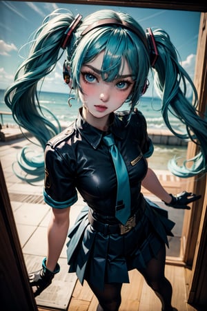 female, ((masterpiece, best quality, ultra detailed, absurdres):1.5),mikusound,miku, hatsune_miku, skirt, holding,shirt, gloves, holding, hair between eyes, twintails, very long hair, closed mouth, standing, short sleeves, pantyhose, pleated skirt, necktie, collared shirt, belt, miniskirt, aqua eyes, blue skirt, black pantyhose, black shirt, aqua hair,head phone, ,photorealistic, viewed_from_above