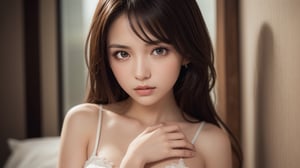 (She is thinking with her hands on her chest), (1girl), (ultimate beautiful girl), cute face, Amazing face and eyes, (Best Quality:1.4), (Ultra-detailed), (extremely detailed beautiful face), (highly detailed Beautiful face), (extremely detailed CG unified 8k wallpaper), High-definition raw color photos, Professional Photography, Extremely high resolution, Highly detailed, bedroom, home, night, cute wallpaper, 