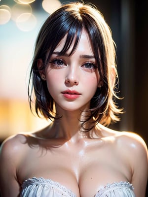 1 girl, (very beautiful facial detail), (best quality: 1.4), 8K resolution, high resolution, (photorealistic, high resolution: 1.4), raw photo, (realistic, photorealistic: 1.37), (Gorgeous lace nightdress with wide open chest: 1.3), gloss of lips, (big breasts: 1.3), parted lips, stare, nose, fine skin details, ((many tears in her eyes)), realistic, subject depth of field, face light, (((bokeh))), masterpiece, textured skin, high details,haruka,ellafreya