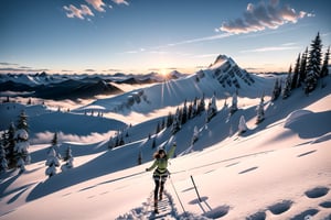 Create a majestic and awe-inspiring AI artwork sunset over a mountain range with a beautiful girl climber triumphantly reaching the top of a snowy peak.