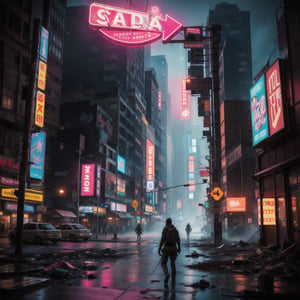 “A Dadaist collage of a post-apocalyptic world in neon tones and volumetric lighting.”