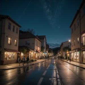 
road, night, houses, rural areas, people walking, cars, childran crossing the street