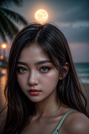 (masterpiece:1.2, best quality:1.2,  high quality, highres:1.1, aesthetic), detailed, extremely detailed, ambient soft lighting, 1girl,  perfect eyes, perfect face, green-eyes, low angle shot, night background, fullmoon, beach