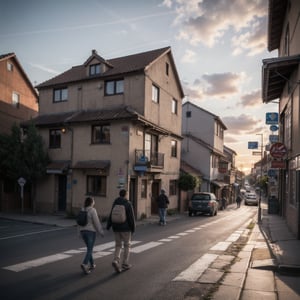 
road, sunset, houses, rural areas, people walking, cars, childran crossing the street