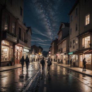 
road, night, houses, rural areas, people walking, cars, childran crossing the street, valorant style drawing