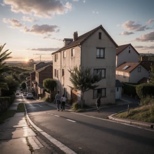 
road, sunset, houses, rural areas, people walking, cars,