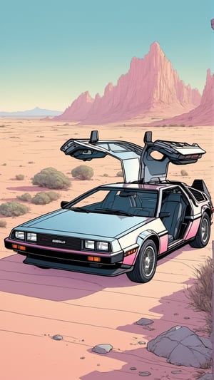 ((Moebius style))highly detailed, line ink illustration,highly detailed,  ink sketch,ink Draw,Comic Book-Style 2d,2d, pastel colors, DeLorean DMC-12, open doors ,