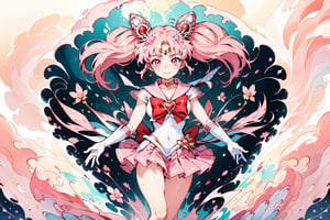  masterpiece, best quality, high resolution, unity 8k wallpaper, beautiful detailed eyes, extremely detailed face, perfect lighting, extremely detailed CG, perfect hands, perfect anatomy, full body shot

sailor moon chibi, cone hair bun, double bun, hair bun, hair ornament, pink eyes, pink hair, short hair, twintails

bow, brooch, choker, earrings, elbow gloves, gloves, heart, heart brooch, magical girl, pink bow, pink choker, pink sailor collar, pink skirt, pleated skirt, sailor collar, sailor senshi uniform, skirt, stud earrings, white gloves

smiling, twinkle in the eyes, hero pose, straight legs to sides, beta, High detailed ,splash00d,watercolor