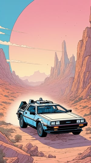 ((Moebius style))highly detailed, line ink illustration,highly detailed,  ink sketch,ink Draw,Comic Book-Style 2d,2d, pastel colors, DeLorean DMC-12, open doors , jumping through space and time

