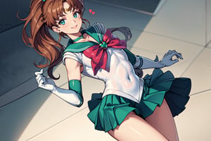  masterpiece, best quality, high resolution, unity 8k wallpaper, beautiful detailed eyes, extremely detailed face, perfect lighting, extremely detailed CG, perfect hands, perfect anatomy

SMJupiter, SMJupiterOutfit, green sailor collar, green skirt, sailor senshi uniform, ponytail, smile

bow, brooch, choker, earrings, elbow gloves, gloves, heart, heart brooch, sailor collar, skirt, pleated skirt, sailor collar, sailor senshi uniform, skirt, stud earrings, white gloves

smiling, twinkle in the eyes, hero pose, straight legs to sides,