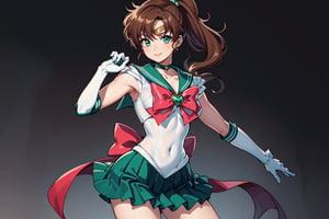  masterpiece, best quality, high resolution, unity 8k wallpaper, beautiful detailed eyes, extremely detailed face, perfect lighting, extremely detailed CG, perfect hands, perfect anatomy

SMJupiter, SMJupiterOutfit, green sailor collar, green skirt, sailor senshi uniform, ponytail, smile

bow, brooch, choker, earrings, elbow gloves, gloves, heart, heart brooch, sailor collar, skirt, pleated skirt, sailor collar, sailor senshi uniform, skirt, stud earrings, white gloves

smiling, twinkle in the eyes, hero pose, straight legs to sides,