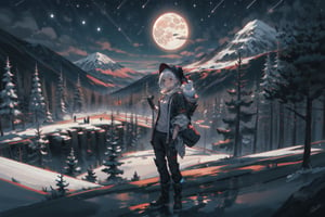 female snowman, sexy, mountain, moon, stars, valley, gnarly pine trees