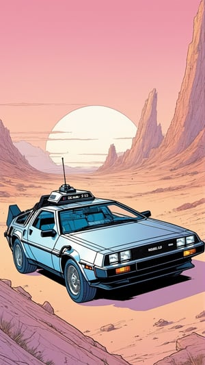 ((Moebius style))highly detailed, line ink illustration,highly detailed,  ink sketch,ink Draw,Comic Book-Style 2d,2d, pastel colors, DeLorean DMC-12, open doors , jumping through space and time
