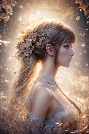 Softbox studio lighting casts a warm glow on the hyperrealistic digital artwork, featuring a female model composed of intricately detailed puzzle pieces. Her serene expression contrasts with the dynamic disassembly of her right side, as fragments scatter into the air. The subtle color palette of natural tones emphasizes the surreal nature of the scene.