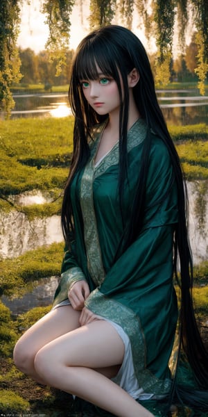 A hyperrealistic painting of a young woman with long, flowing, raven-black hair sitting alone under a weeping willow tree during a torrential downpour. Her emerald green eyes are filled with sorrow as she gazes down at her hands, which are wrapped tightly around her knees. The soft, ethereal light of a setting sun casts long shadows on the ground, creating a dramatic and moody atmosphere.