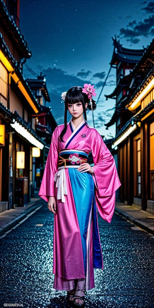 A stunning Japanese beauty stands poised in a futuristic Kyoto street at dusk, her kimono radiating bioluminescent threads that softly illuminate the neon-lit surroundings. Her geisha-inspired updo features intricate kanzashi accents shimmering in harmony with digital panels on nearby temples. The evening sky is filled with flying vehicles, their reflections casting dynamic patterns on the pavement below. In the foreground, interactive stalls glow with vibrant holograms of traditional and modern goods, adding a touch of futuristic flair to this captivating scene.