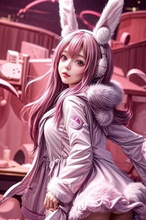 Music note background, 1girl, young girl, pink hair twin-tail, headset, (rabbit fluffy parka coat:1.3), Christmas, dynamic pose, box of gifts,masterpiece,<lora:659111690174031528:1.0>