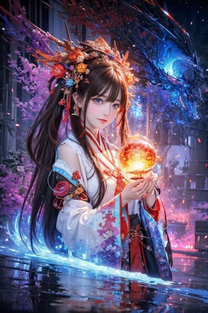 (masterpiece,  top quality,  best quality,  official art,  beautiful and aesthetic:1.2),  medium full shot, (1girl), young girl,  hanfu girl, extreme detailed, (abstract,  fractal art:1.3), colorful hair, highest detailed,  detailed_eyes,  fire dragon,  water,  ice,  lightning,  light_particles,  ,midjourney