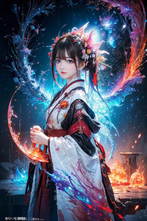 (masterpiece,  top quality,  best quality,  official art,  beautiful and aesthetic:1.2),  medium full shot, (1girl), young girl,  hanfu girl, extreme detailed, (abstract,  fractal art:1.3), colorful hair, highest detailed,  detailed_eyes,  fire dragon,  water,  ice,  lightning,  light_particles,  ,midjourney