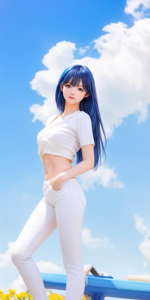 photography, hyper realistic photo, high resolution, a beautiful gril,  innocent, smooth lighting, cinematic image, outdoor, (blue sky:1.3), natural face, long legs, white shirt, short blue pants,una, black shiny hair, slim, messy hair, 