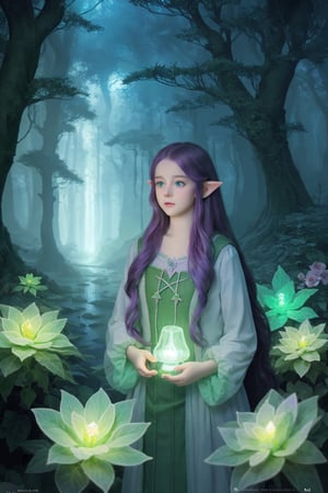 Ultra detailed illustration of a girl lost in a magical world full of wonders forest, elf, dwarf, org, ghollum, unique luminous flora, highly detailed, pastel colors,  digital art, art by Mschiffer, night, dark, bioluminescence,1girl